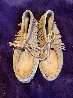Pierre Hardy Taupe Suede Fringe Moccasins